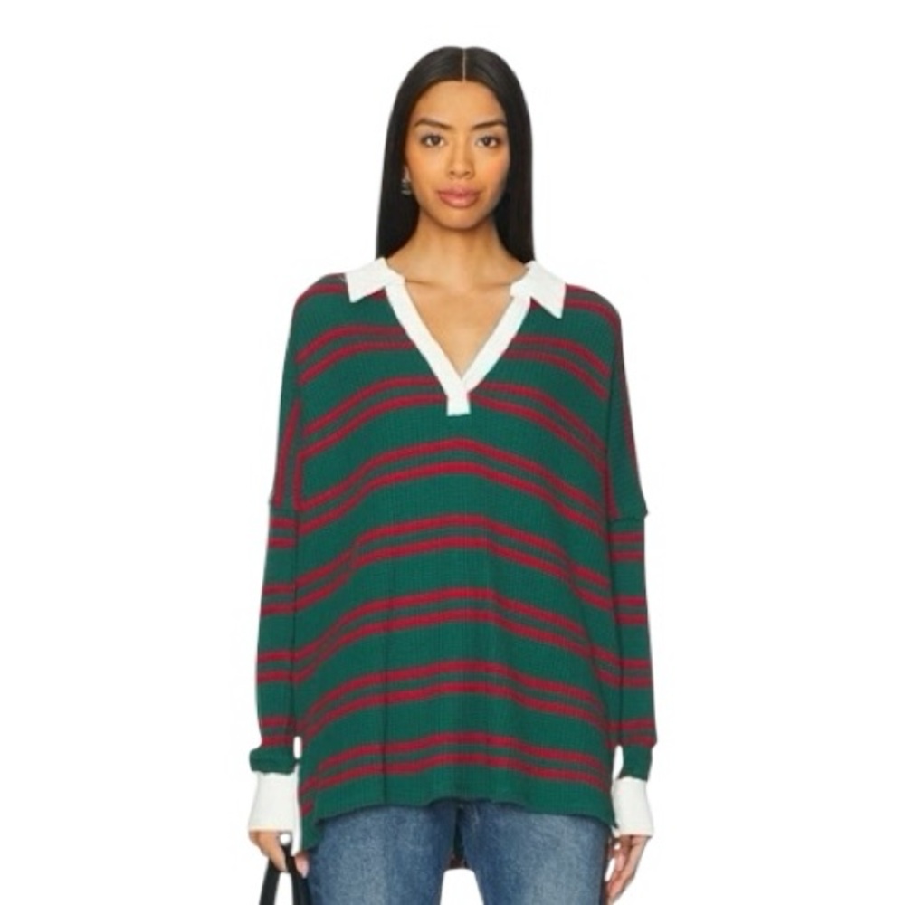New Free People We the Free Travis Cotton Polo Green Red Striped Oversized
